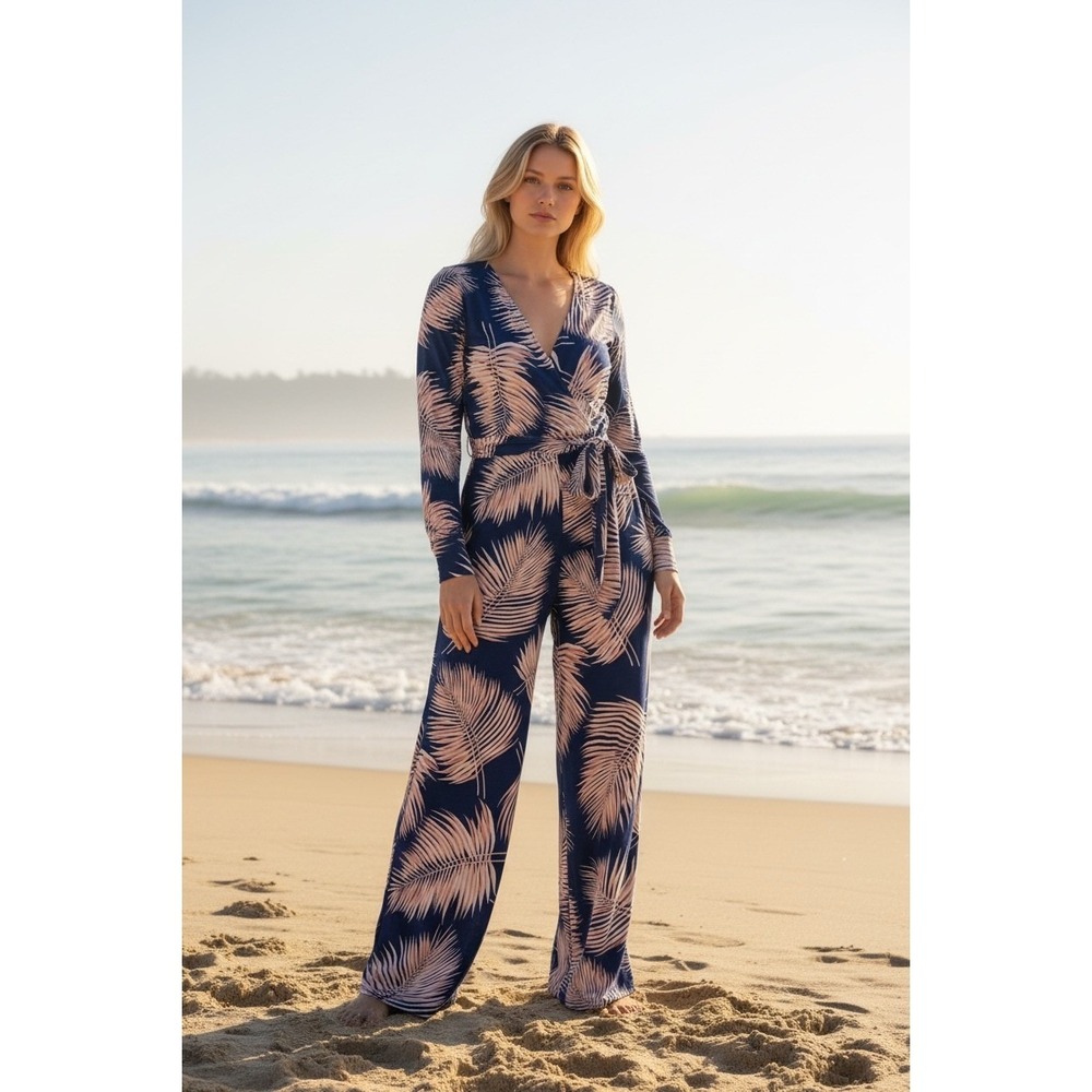 GOODTIME USA Womens Jumpsuit Wide Leg Navy Blue Pink Palm Leaf Print‎ Wrap Small